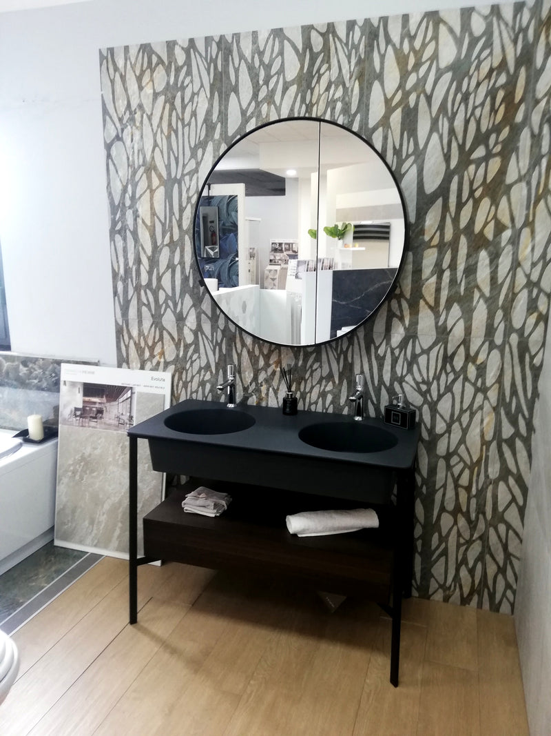 Mobile Bagno Catino Doppio Basalto con Cassetto Eucalipto e Specchio Ceramica Cielo