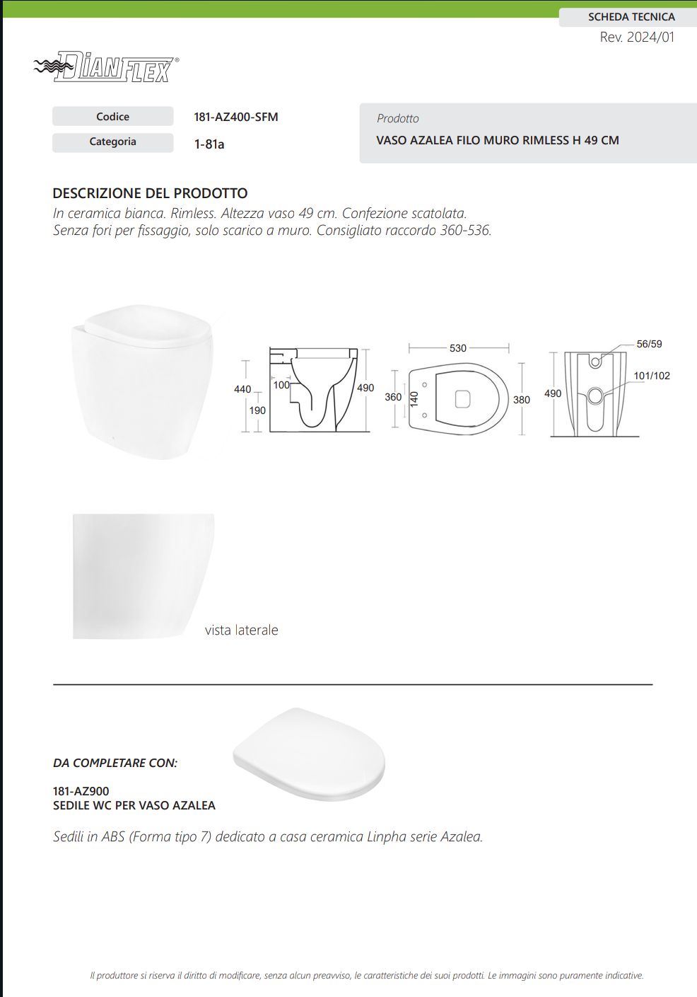 Vaso Filo Muro Azalea Rimless H. 49 cm Scarico Universale Linpha