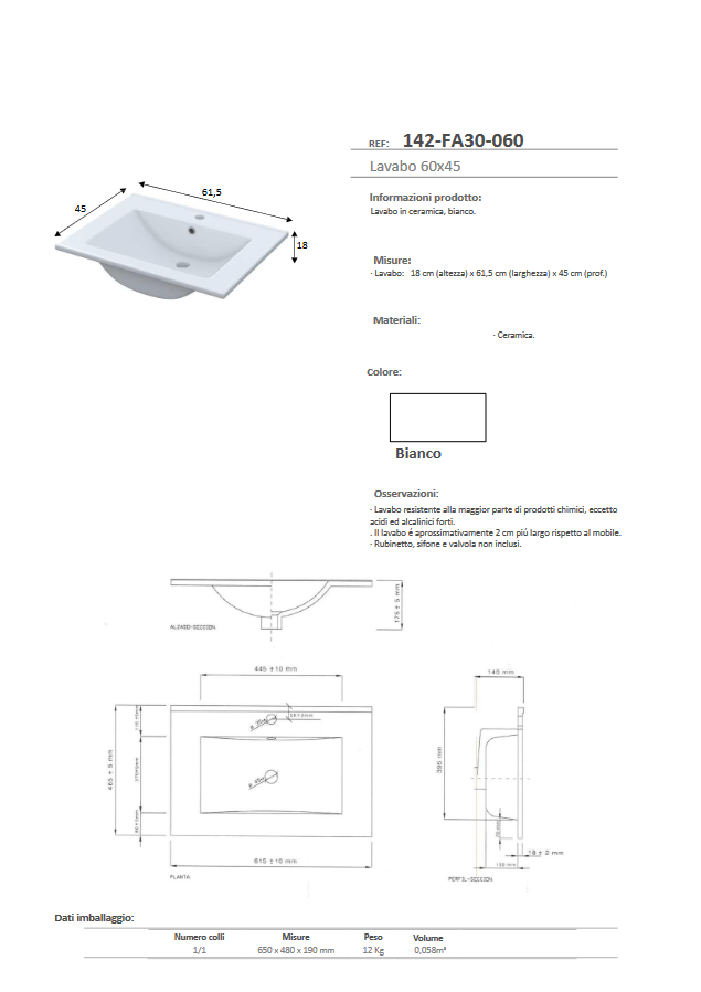 LAVABO CONSOLLE IN CERAMICA 80X45 BIANCO
