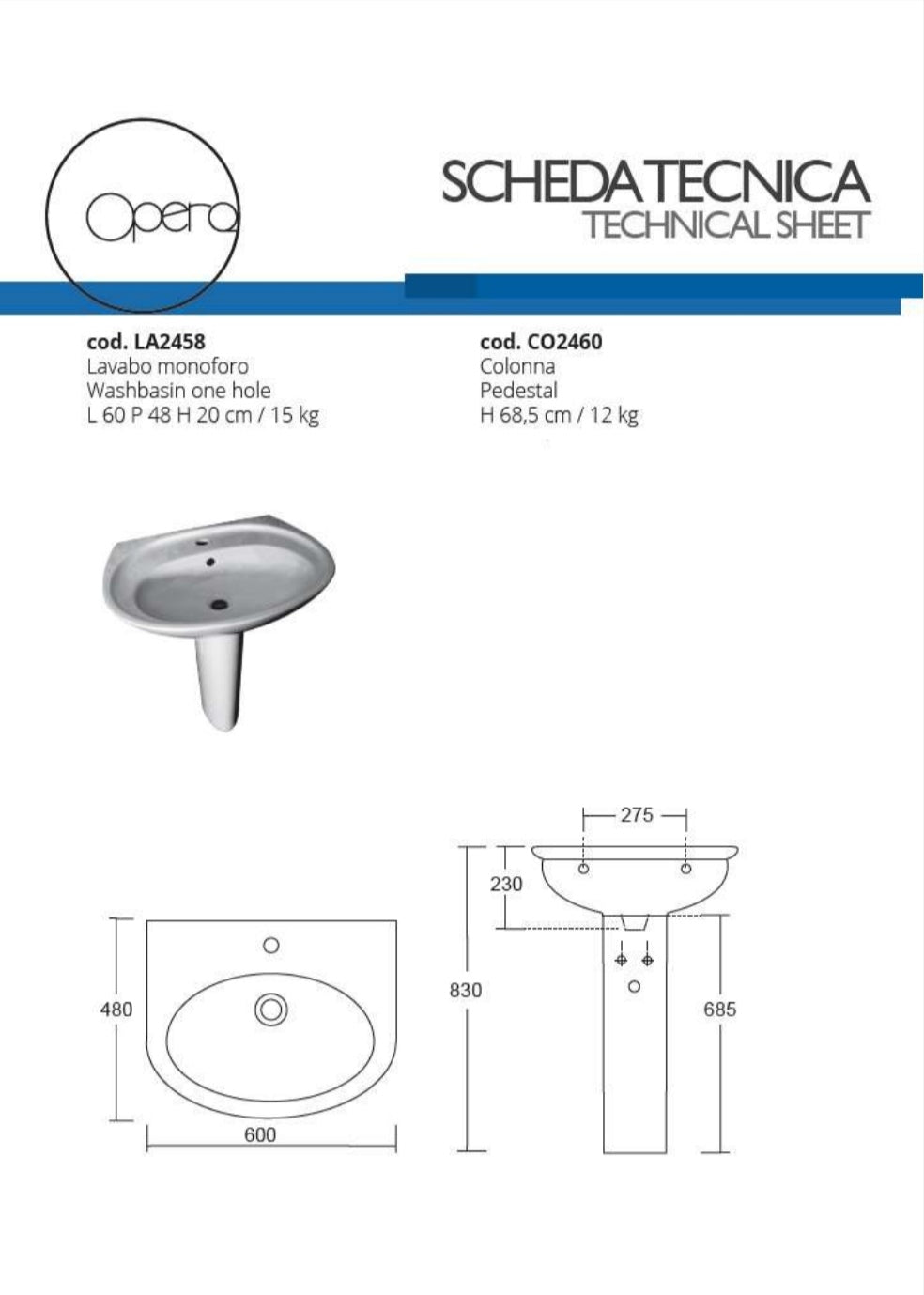 Colonna per Lavabo Pop Bianca Opera Sanitari Cod. CO2460
