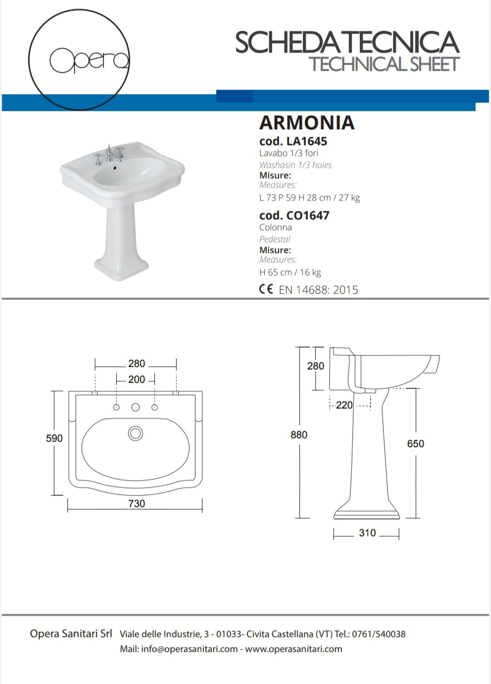 Armonia Lavabo 72×59 cm Monoforo Bianco Opera Sanitari