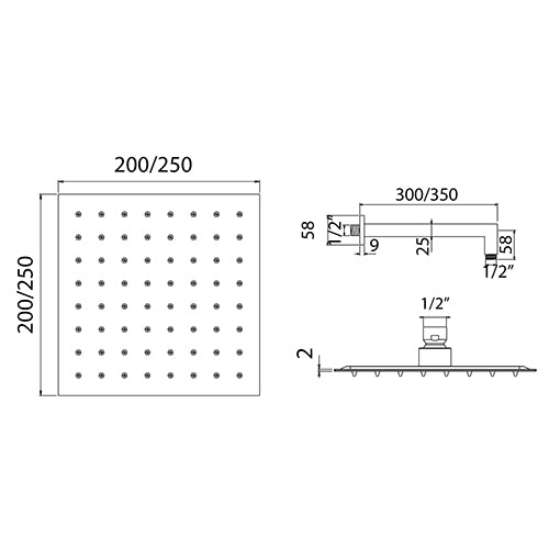 Kit Soffione Doccia Quadro L.250x250- Braccio L.350mm