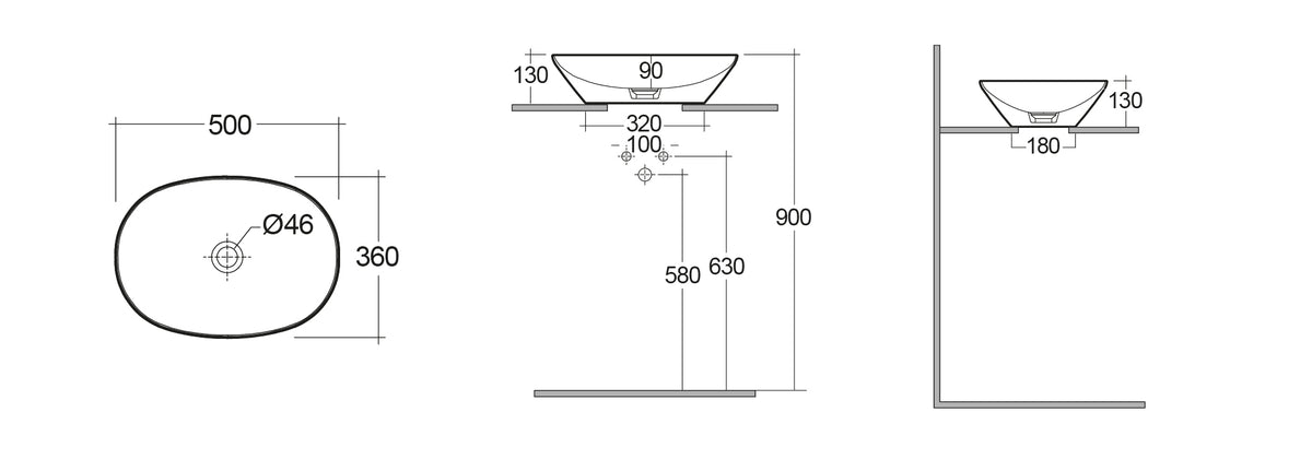 Variant Lavabo da Appoggio Ovale (senza foro) cm50x36 Bianco.