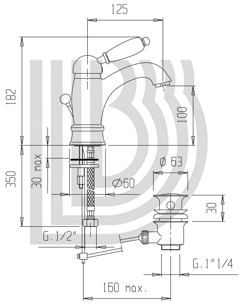 Monoforo Lavabo Prolungato Retrò 1"1/4 Cromo Bianchi