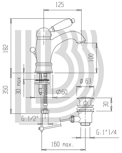 Monoforo Lavabo Prolungato Retrò 1"1/4 Cromo Bianchi