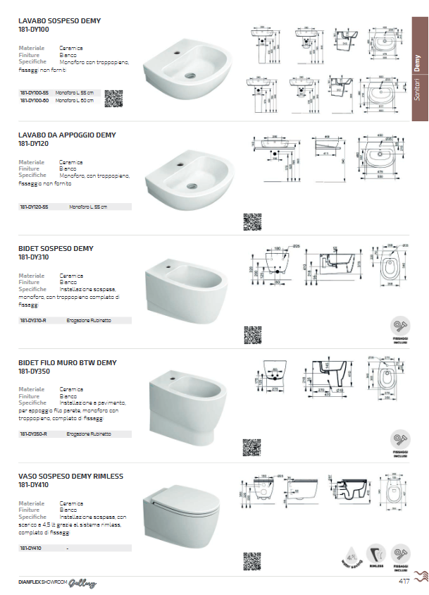 Lavabo sospeso monoforo L.60 cm Dolomite Demy