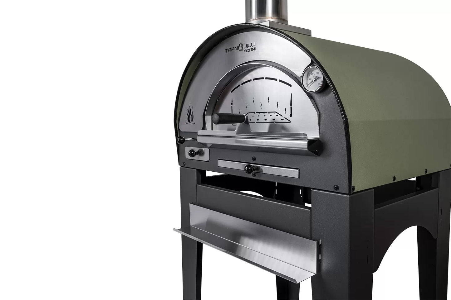 Forno a Legna Arde Baby Verde Satinato con Carrello Tranquilli Forni
