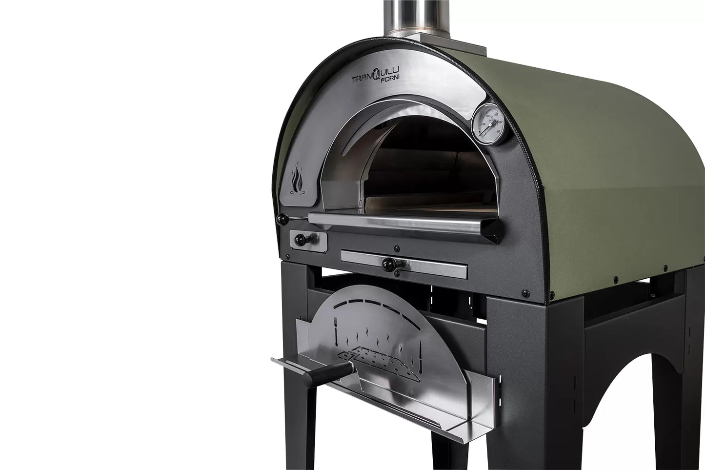 Forno a Legna Arde Baby Verde Satinato con Carrello Tranquilli Forni