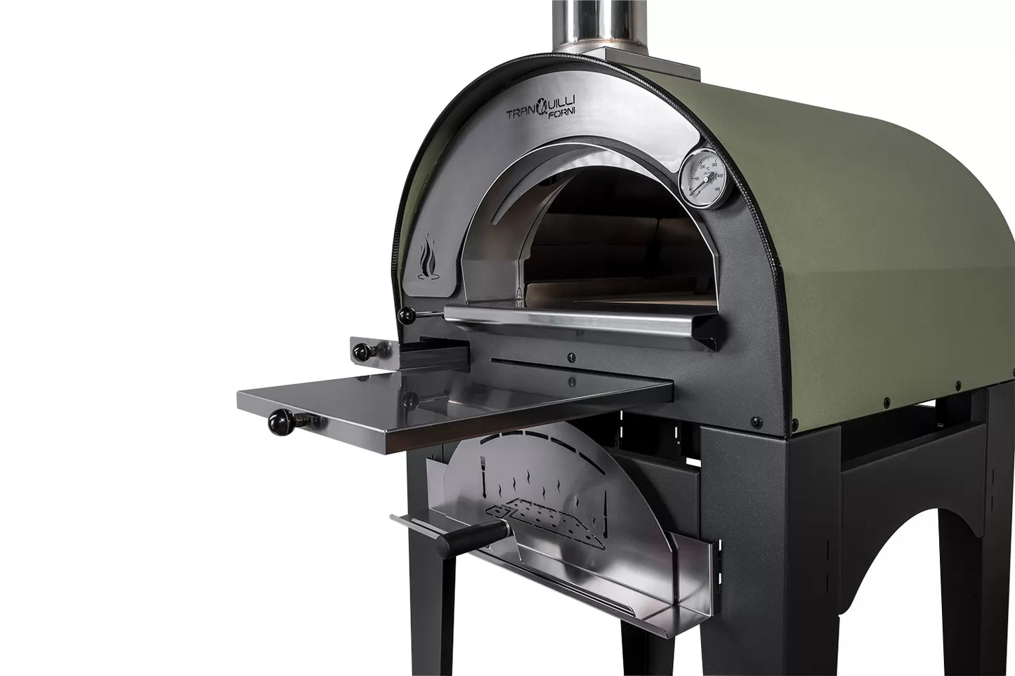 Forno a Legna Arde Baby Verde Satinato con Carrello Tranquilli Forni