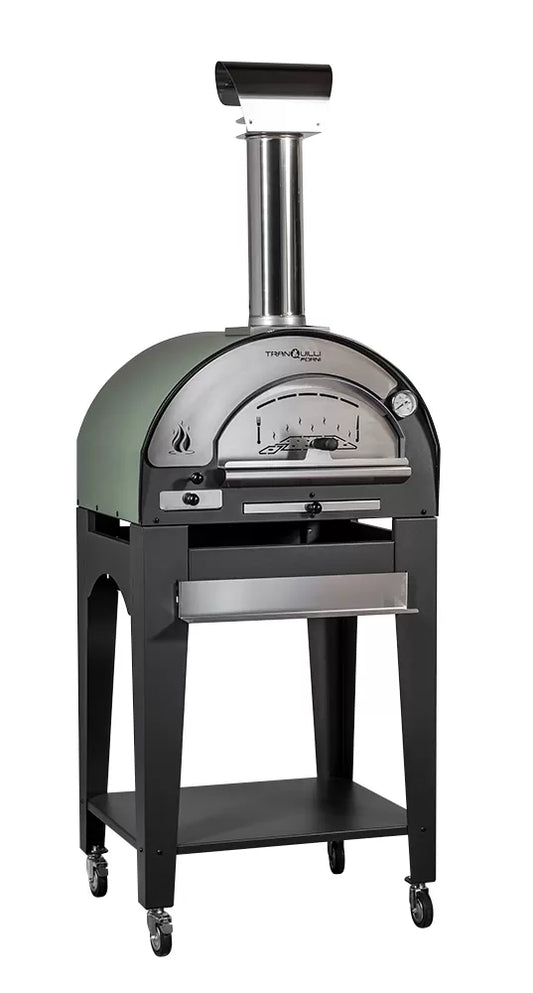 Forno a Legna Arde Baby Verde Satinato con Carrello Tranquilli Forni