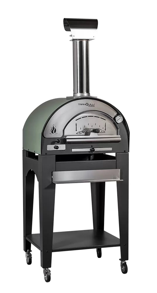 Forno a Legna Arde Baby Verde Satinato con Carrello Tranquilli Forni