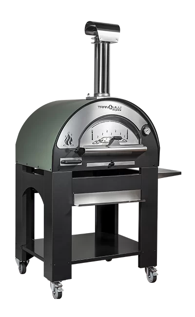 Forno a Legna Arde Medium Verde Satinato con Carrello Tranquilli Forni
