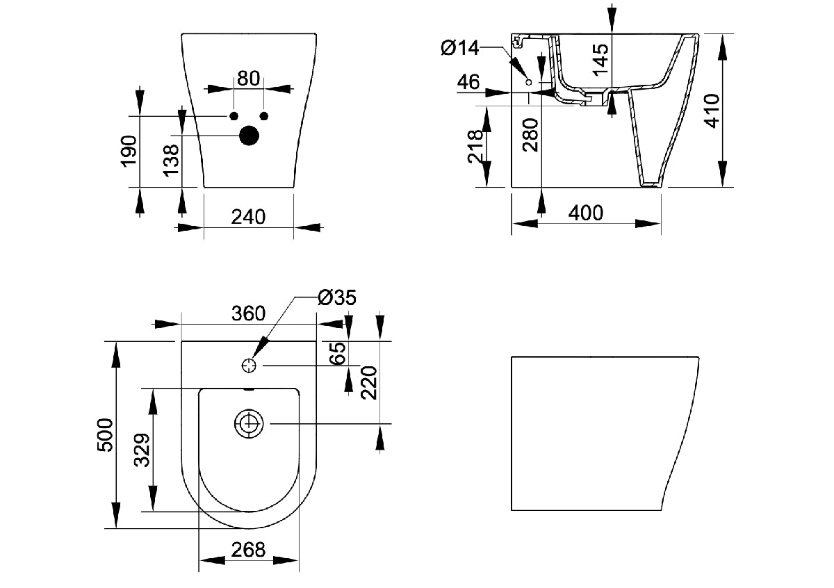 Mirto short Bidet filo muro BTW vortice erogazione rubinetto Dolomite