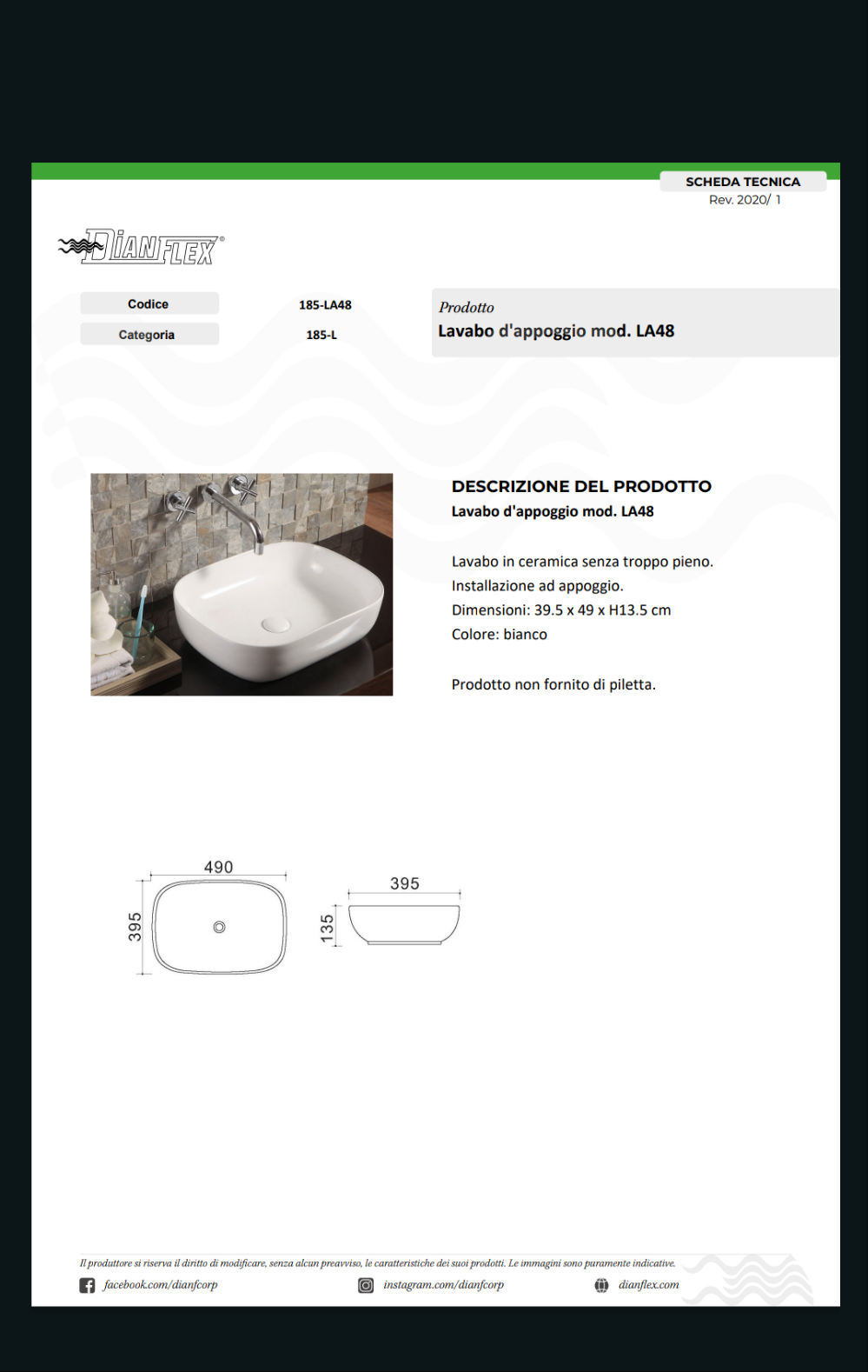 Lavabo da Appoggio Mod. LA 48 CM 49x39,5 Linpha