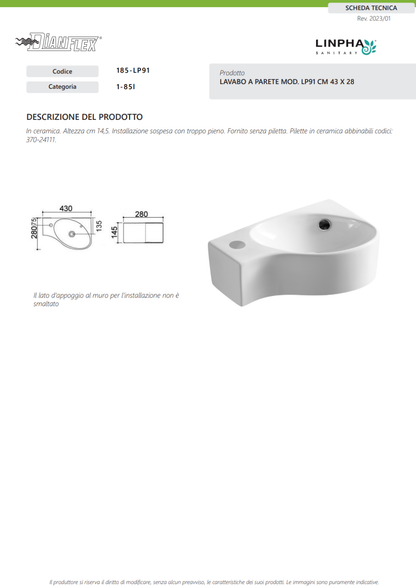 Lavabo a Parete Mod.LP 91 Linpha