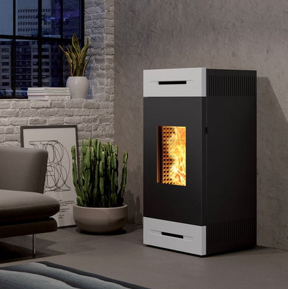 Tile MP14 White Ventilated Hot Air Pellet Stove Caminetti Montegrappa