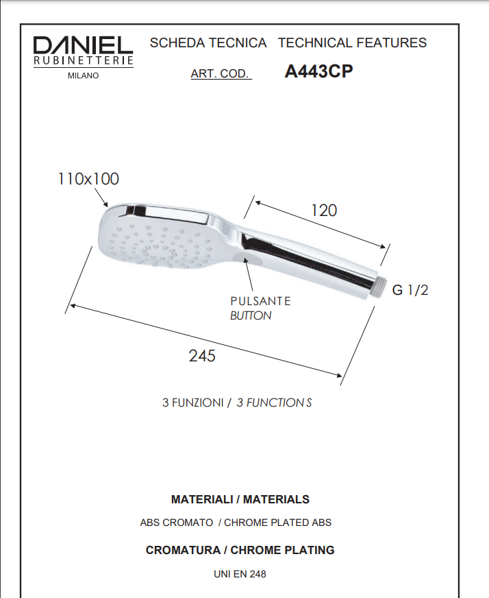 Chrome 3 Function Shower with Button Daniel Taps