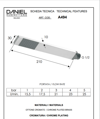 Ultra-flat minimal rectangular hand shower Daniel Rubinetteria