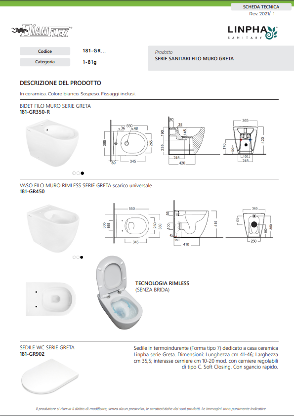 Bidet Greta Bianco Filo Muro Linpha