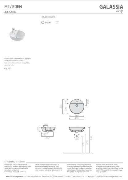 Lavabo M2/EDEN 48 cm Tondo Monoforo Galassia