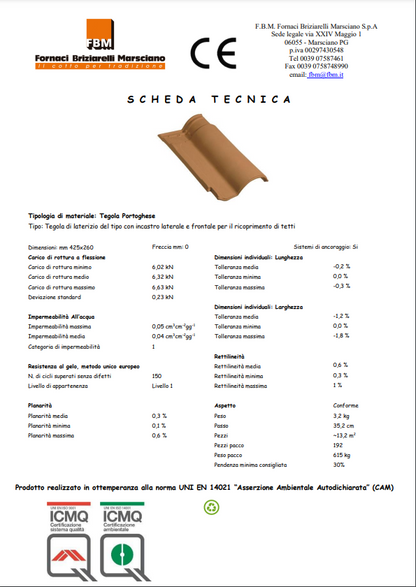 Tegola Portoghese Rossa 42,5X25 FBM