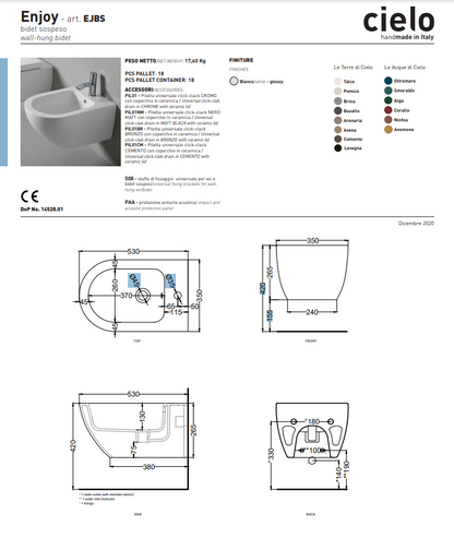 Bidet Enjoy Bianco Lucido Sospeso Ceramica Cielo