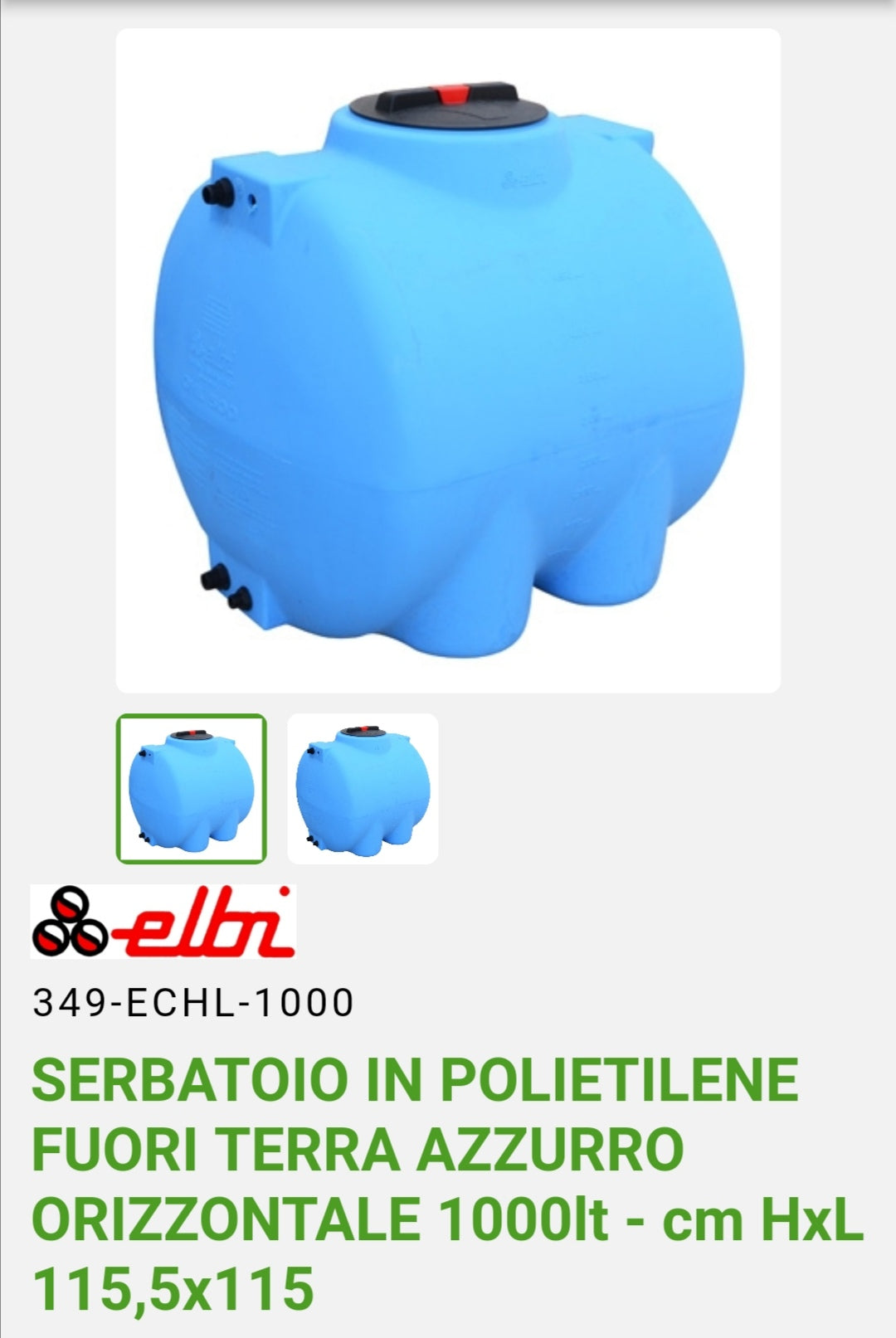 Serbatoio Orizzontale Lt.1000 Polietilene Elbi