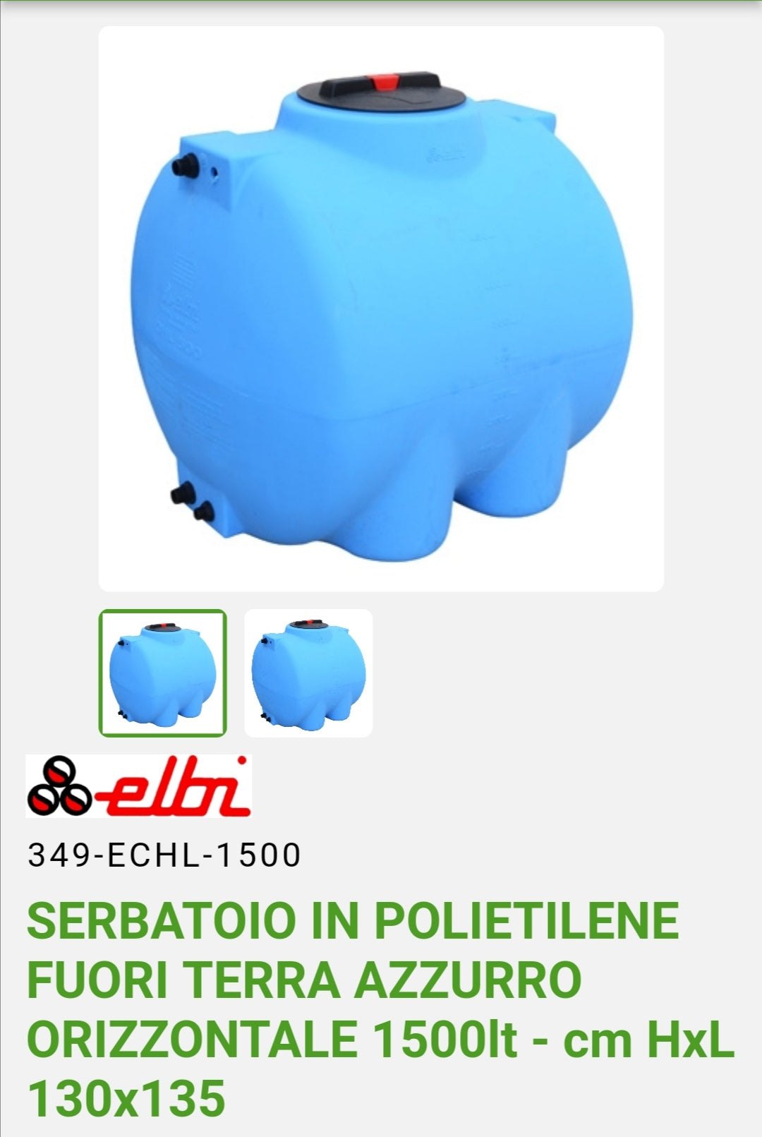 Serbatoio Orizzontale Lt.1500 Polietilene Elbi