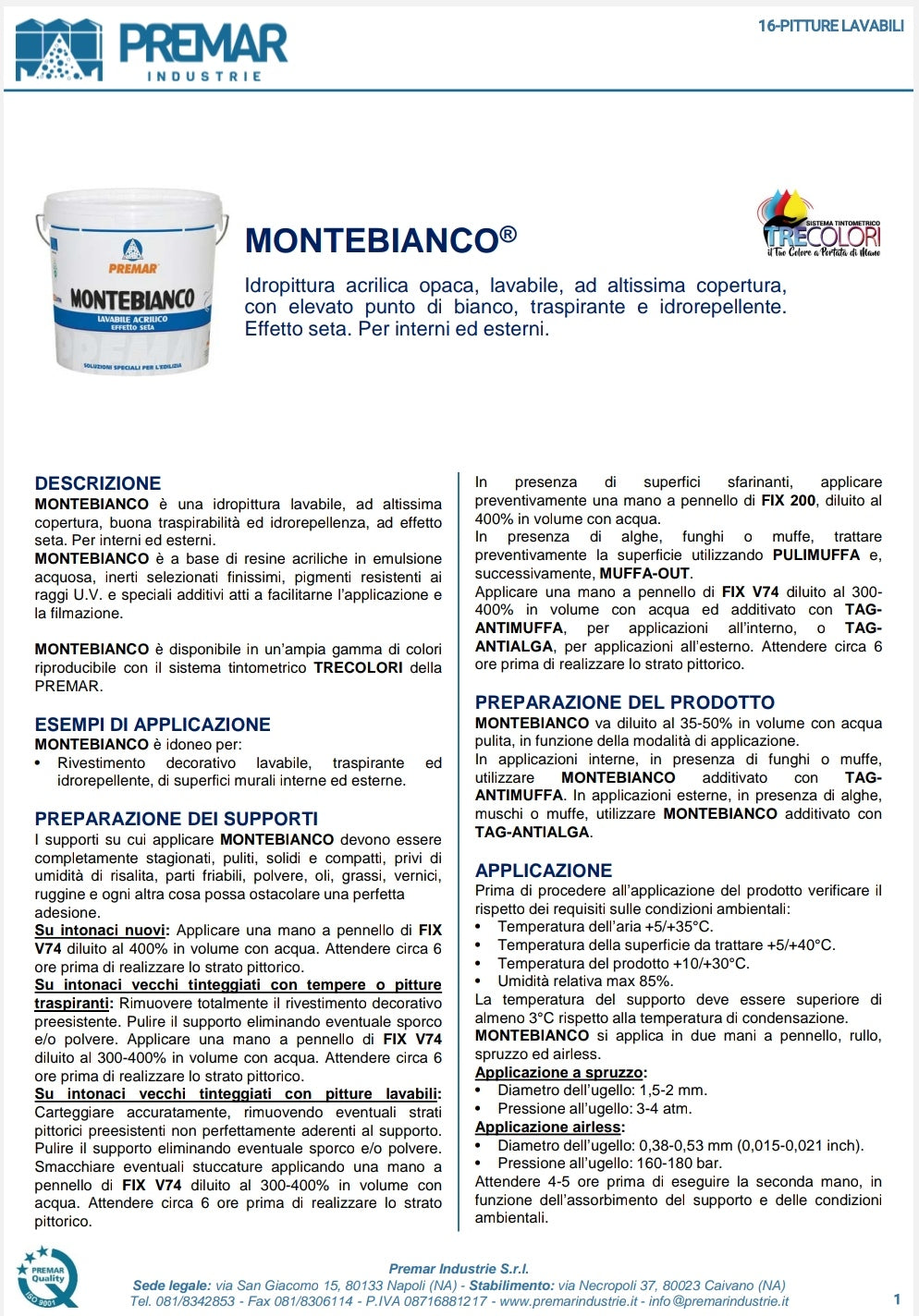 Montebianco Lavabile Lt 14 Premar