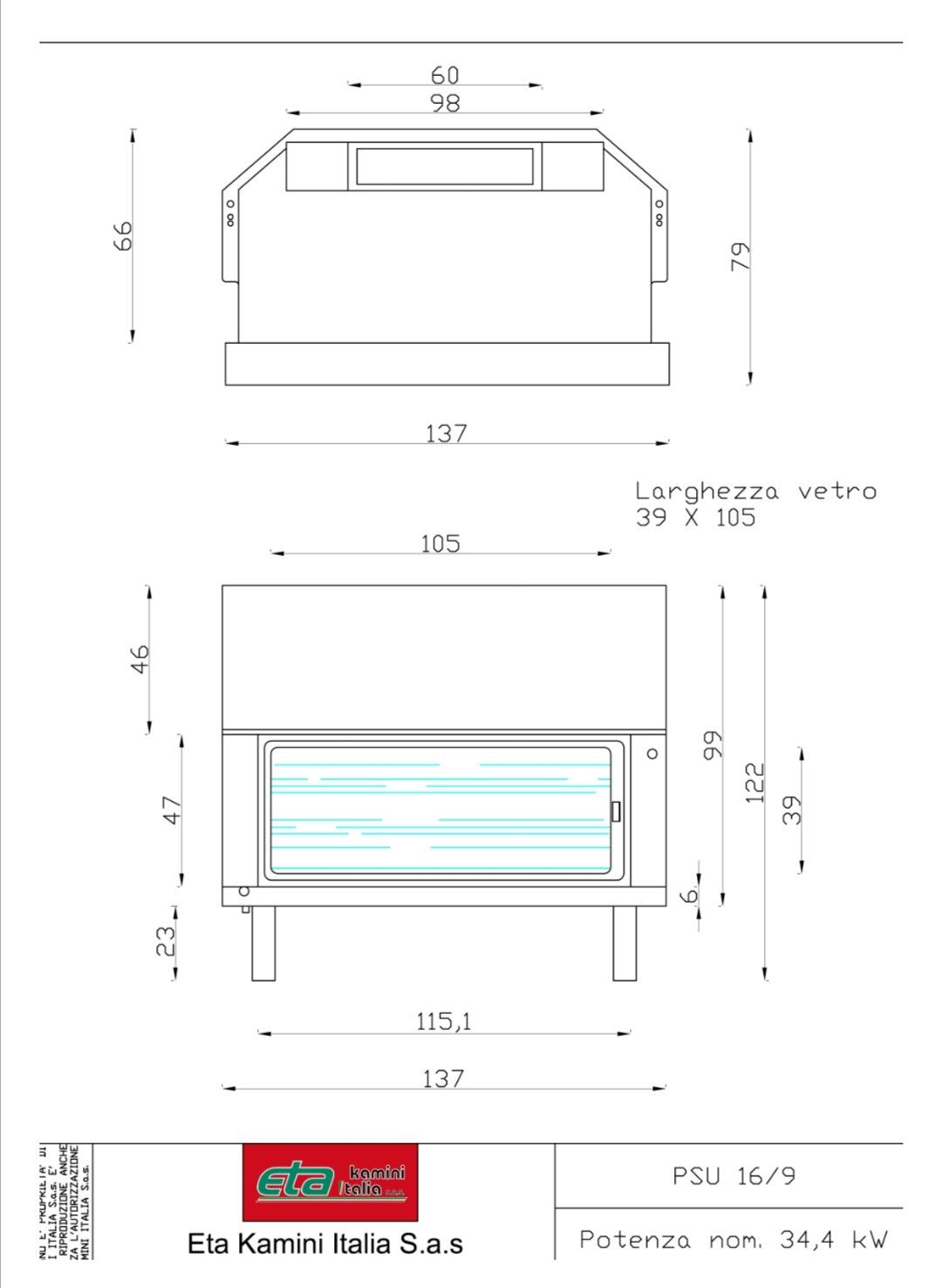 Wood-burning fireplace Mod. Psu 16:9 120 Easy Fire Kcal 29,500 Eta