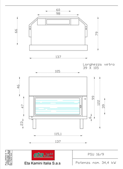 Cheminée à bois Mod.Psu 16:9 120 Easy Fire Kcal 29 500 Eta