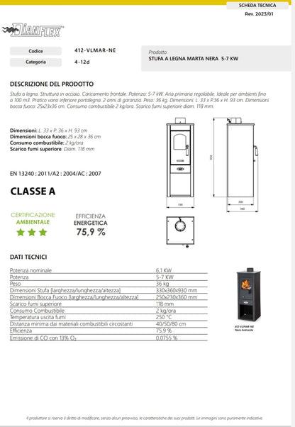 Poêle à bois Marta 5-7 Kw gris anthracite