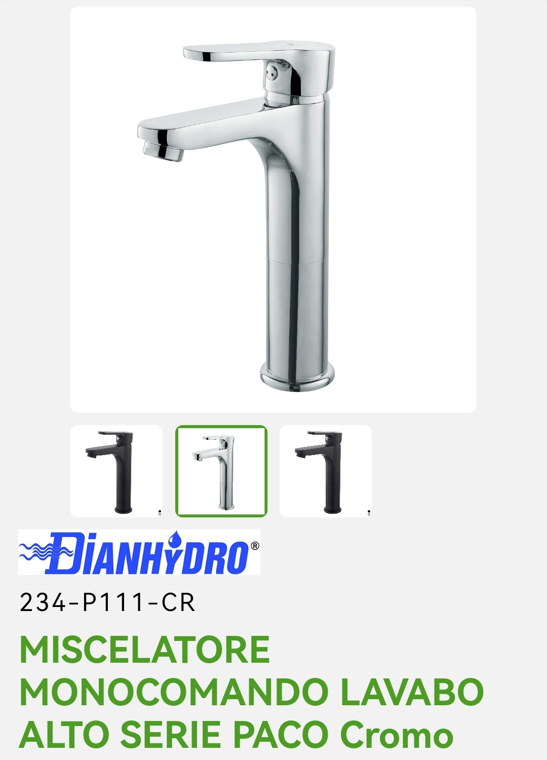 Paco Chrome Dianhydro Mitigeur de lavabo haut à levier unique