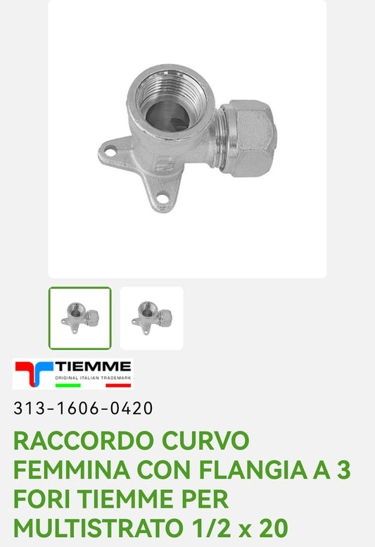 Raccordo Curvo F 1/2x20 con Flangia a 3 fori P/Multistrato Tiemme