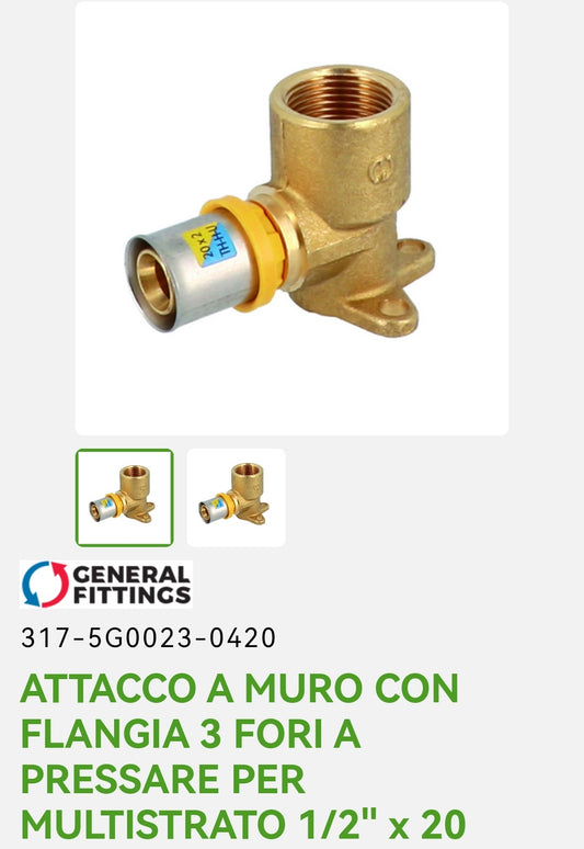 Attacco a Muro C/Flangia 3 Fori P/Multistrato a Press. 1/2x20 Dianflex