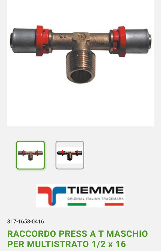 Raccord en T à presser P/Multicouche M 1/2x16 Tiemme