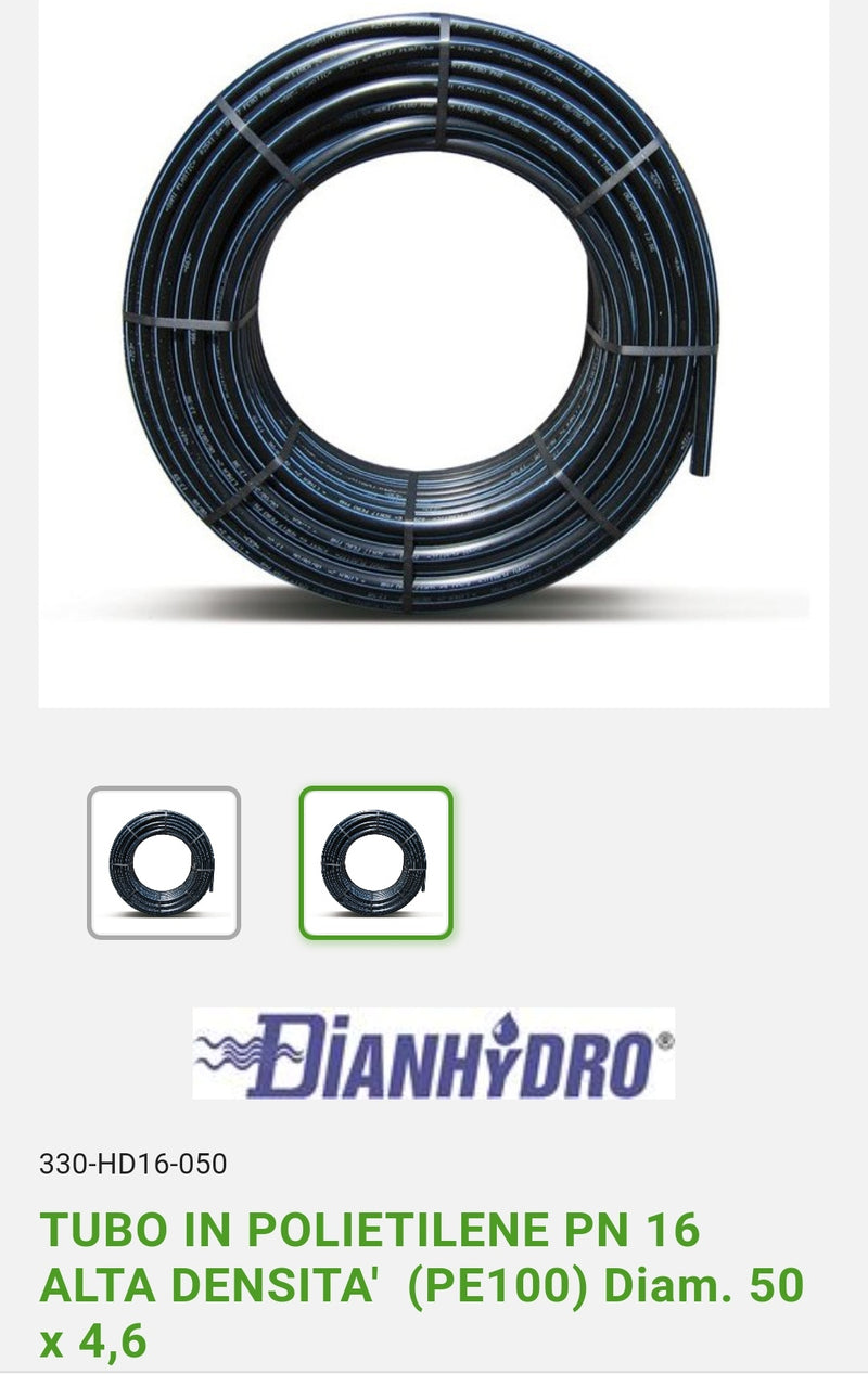 Tubo in Polietilene PN 16 Alta Densità D. 50x4,6 Dianflex