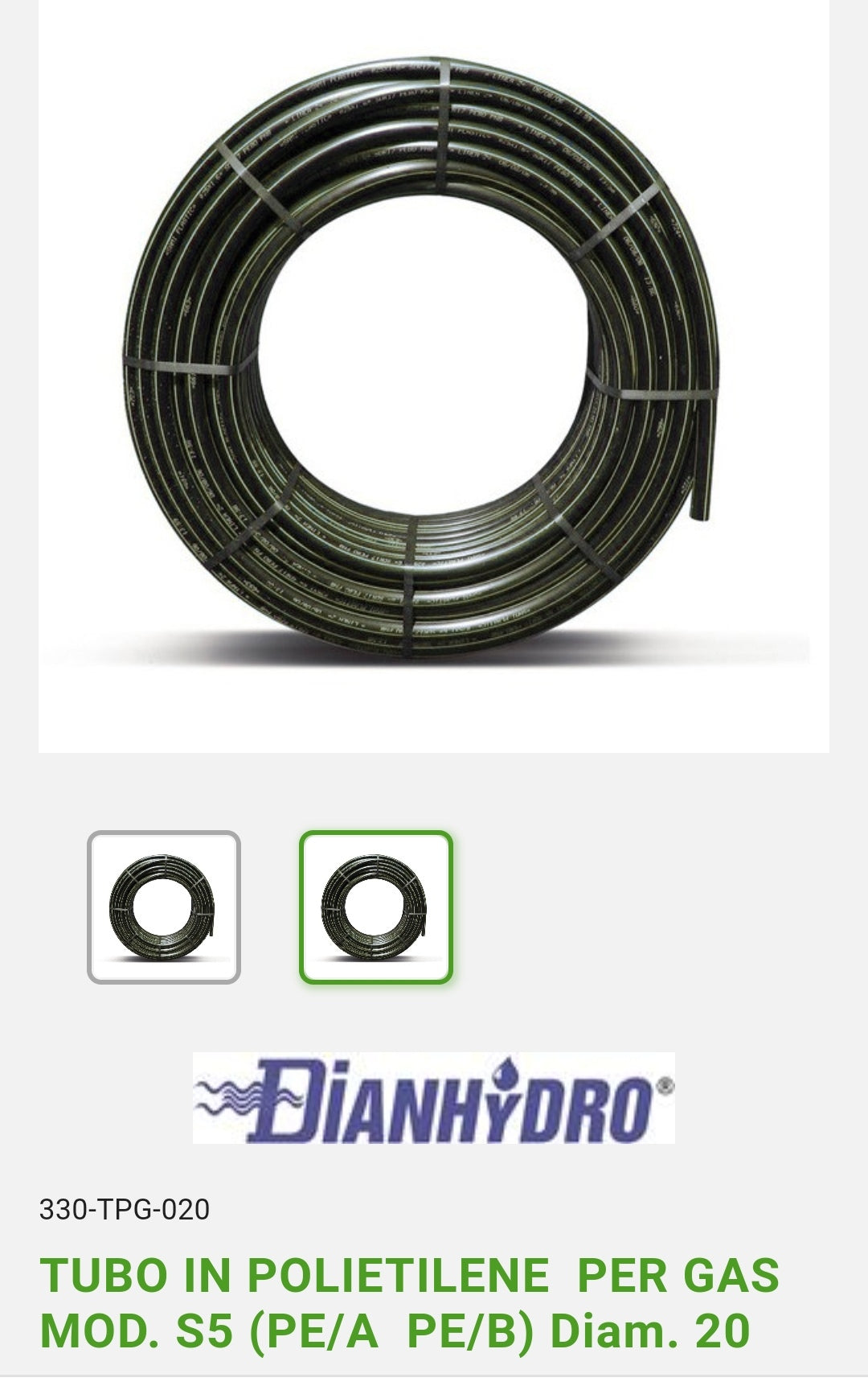 Polyethylene pipe for gas Mod. S5 D. 20 Dianflex