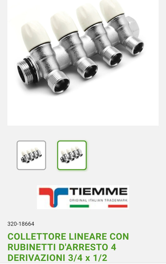 Linear Manifold W/Stop Cocks 4 Deriv. 3/4x1/2 Tiemme