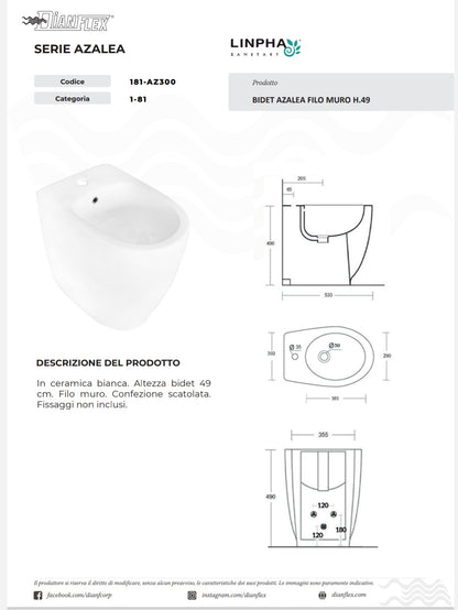 Bidet Azalea Filo Muro H.49 cm Linpha