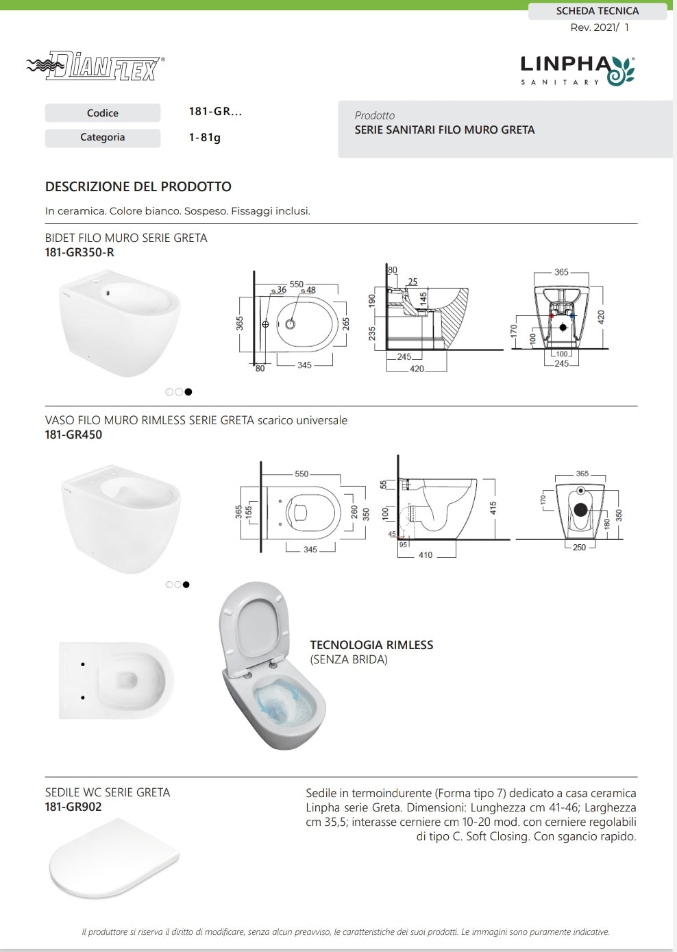 Vaso Filo Muro Greta Bianco Opaco Rimless Scarico Universale Linpha