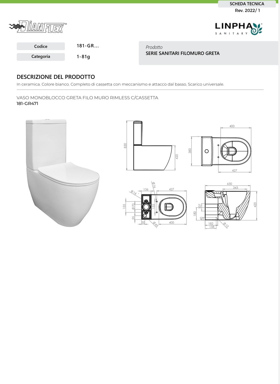 Vaso Monoblocco Greta Filo Muro Rimless C/Cassetta Linpha