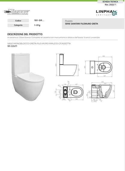 Vaso Monoblocco Greta Filo Muro Rimless C/Cassetta Linpha