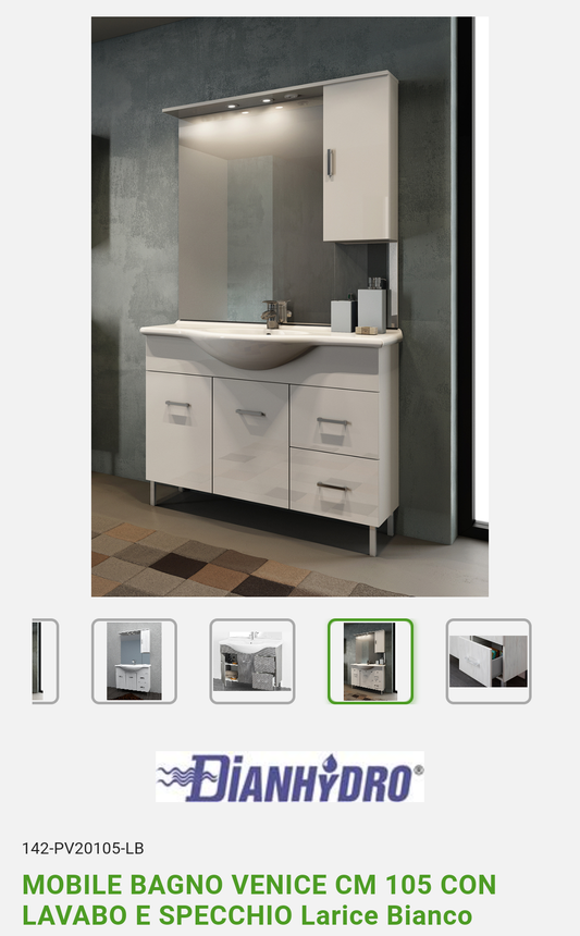 Mobile Bagno Venice 105 cm C/Specchio e Lavabo Larice Bianco