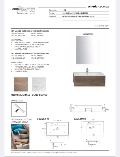 Mobile Bagno Sospeso 80 cm Mod. Unika Olmo Naturale Dianflex