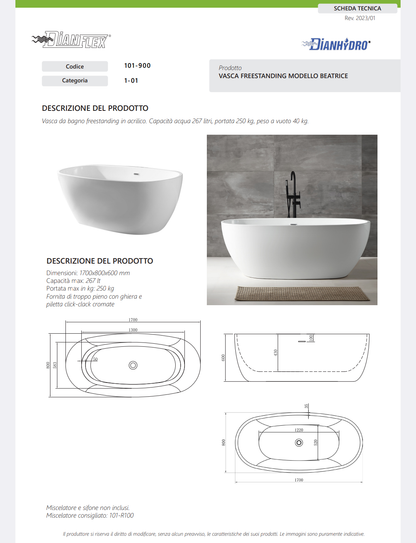 Vasca Freestanding 170x80x60 Modello Beatrice Dianflex