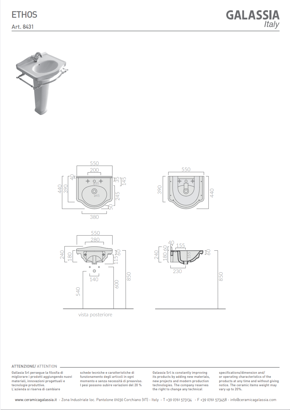 Lavabo Ethos 55 cm 3 Fori Galassia Bianco