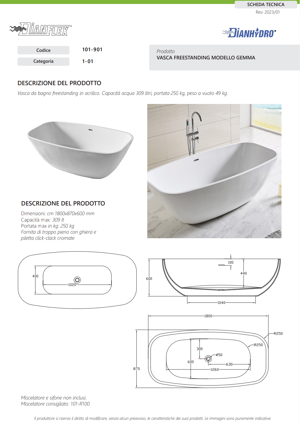 Vasca Free Standing 180x87x60 Modello Gemma Dianflex