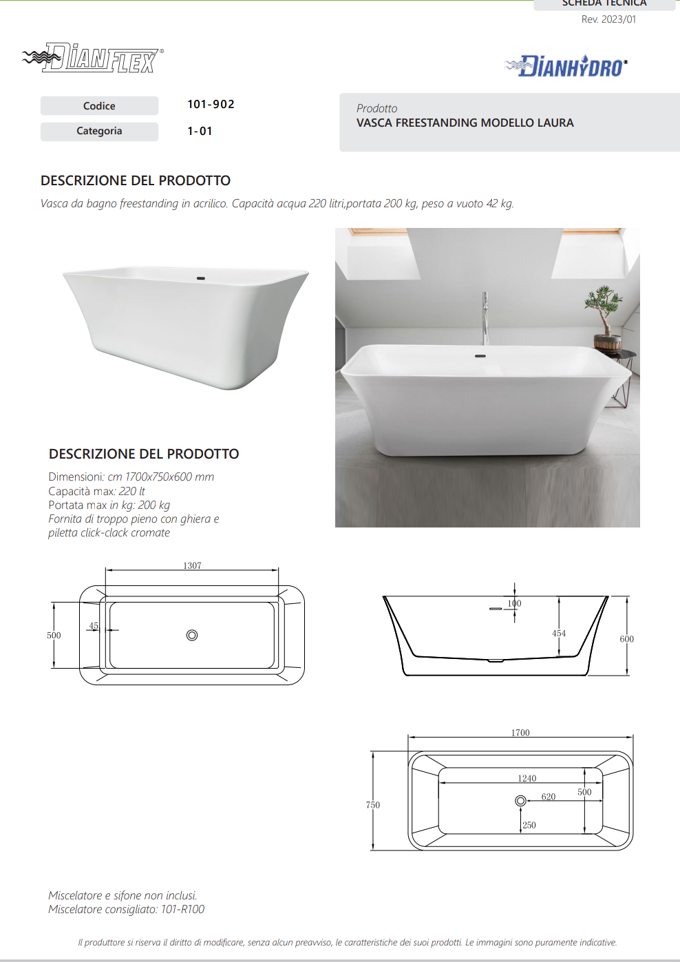 Vasca Free Standing Mod. Laura 170x75x60 Dianflex