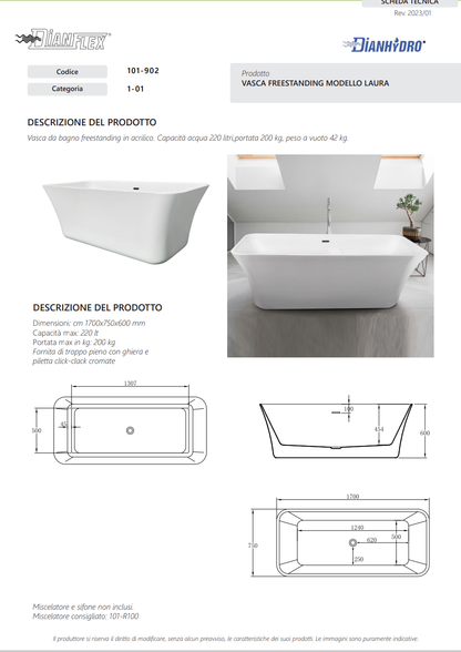 Vasca Free Standing Mod. Laura 170x75x60 Dianflex